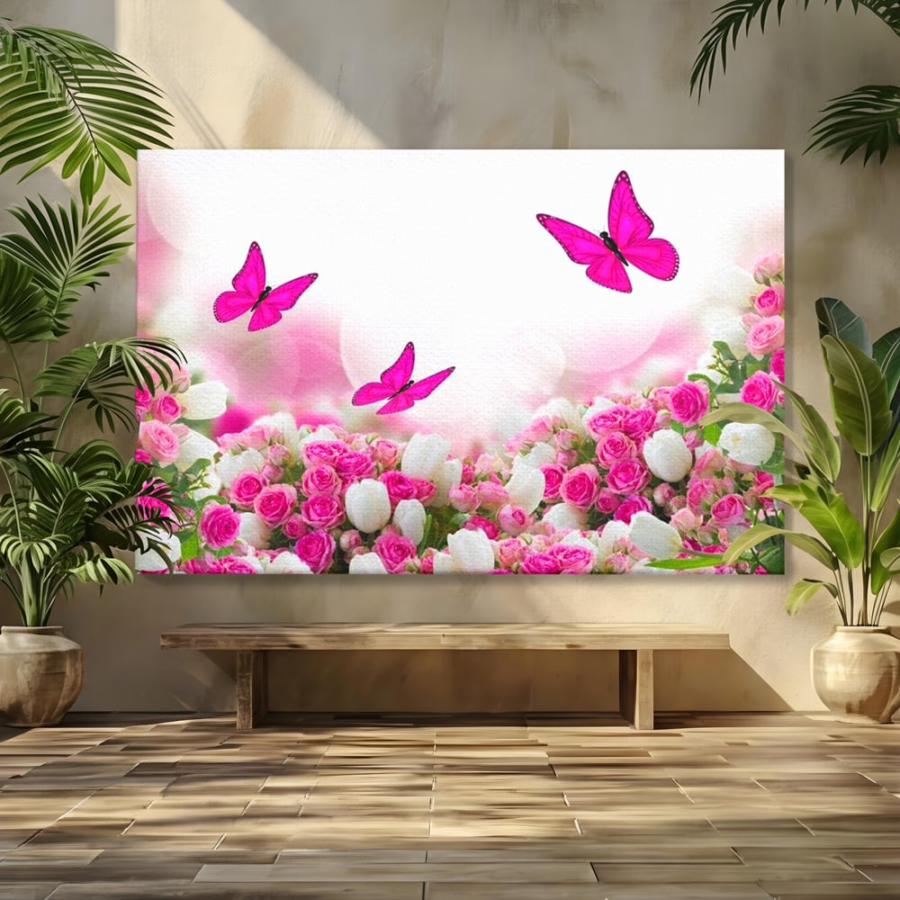 Tablou canvas cu tablou canvas cu trandafiri roz si fluturi, fara rama, pe sasiu de lemn